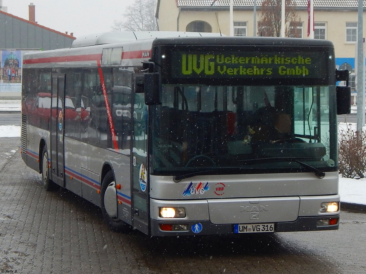 MAN Niederflurbus 2. Generation der Uckermärkische Verkehrs GmbH in Prenzlau am 07.03.2018