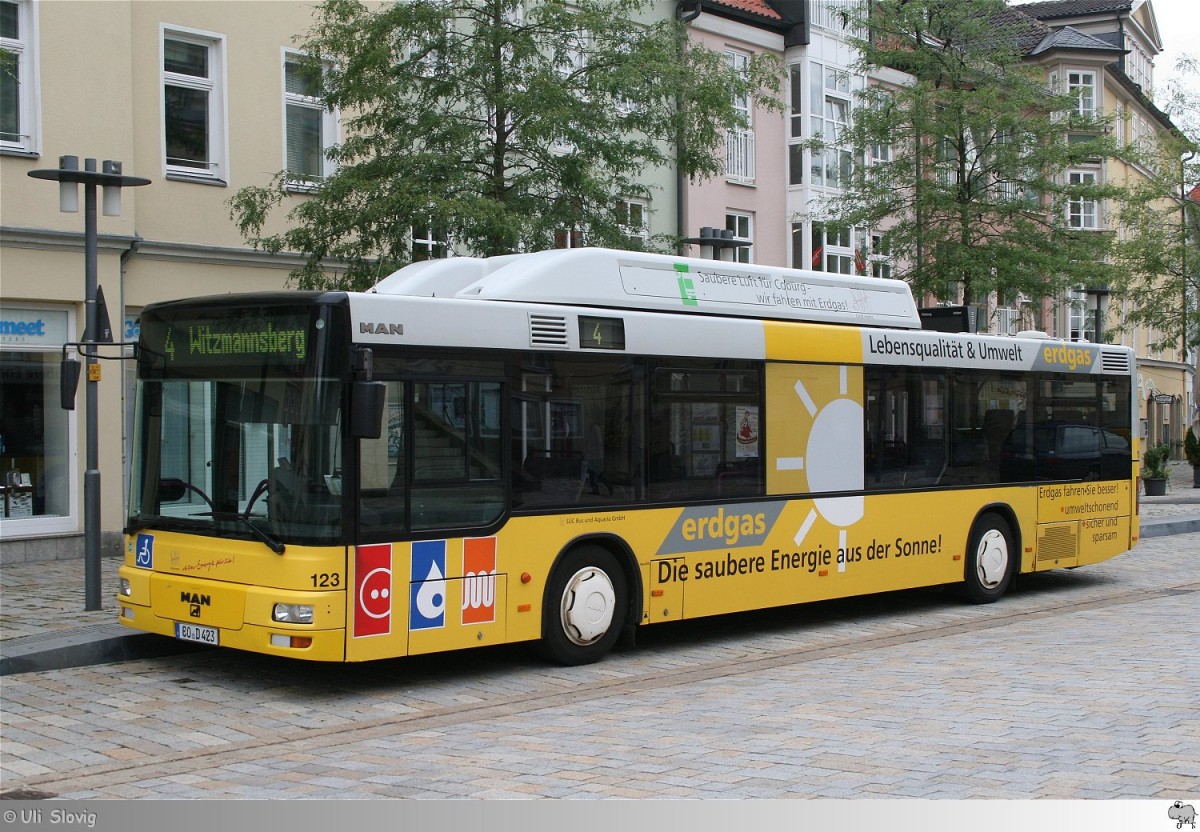 MAN NL 313 CNG  Städtische Werke Überlandwerke Coburg (SÜC) Bus und Aquaria GmbH . Aufgenommen am 18. August 2014 in Coburg.