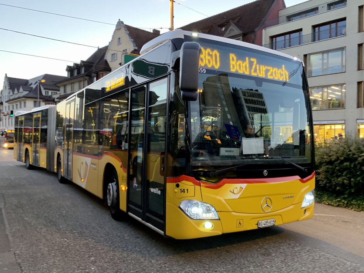MB C2 G Nr. 141 '11559'  AG 485 615  vom PU Indermühle Bus AG, Reckingen am 14.10.21 bei der Ankunft beim Bahnhof Brugg.