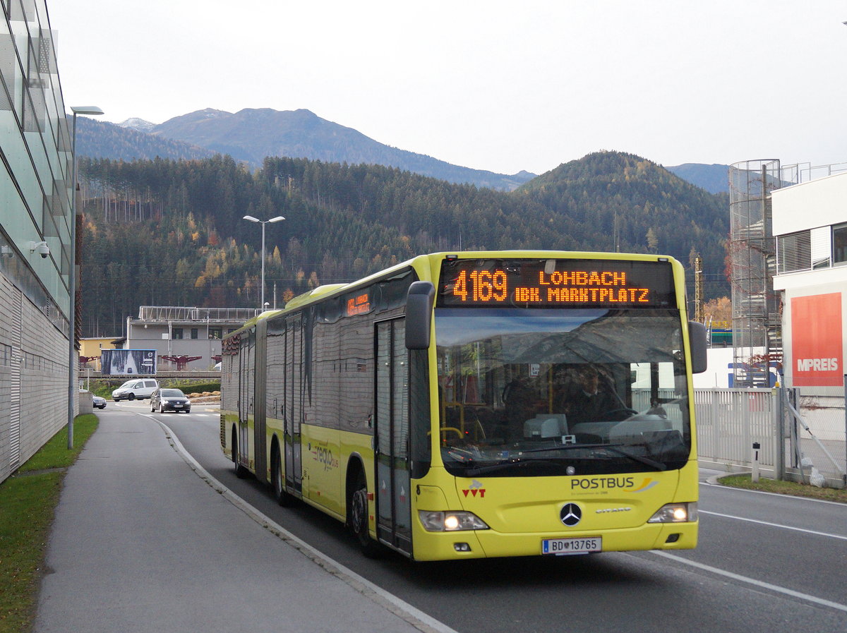 Mercedes-Benz Citaro Facelift Gelenksversion (BD-13765), der einzige seiner Art im Raum Innsbruck, auf der Linie 4169 (Völs - Mils bei Hall) nahe des EKZ Cyta in Völs (bei Innsbruck) unterwegs, 09.11.2018.
