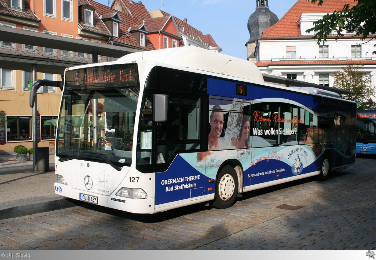 Mercedes Benz Citaro  Städtische Werke Überland Werke Coburg (SÜC) Bus und Aquaria GmbH  mit Vollwerbung für die Obermain Therme in Bad Staffelstein. Aufgenommen am 2. August 2014.