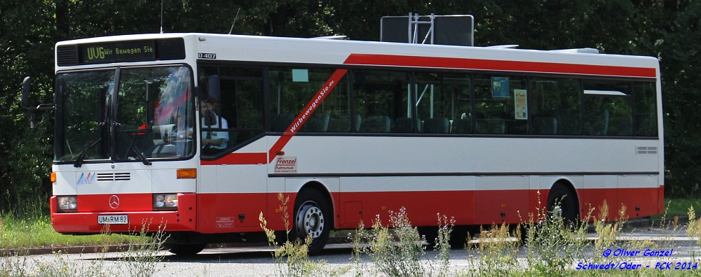 Mercedes-Benz O407, Wagennummer 82, der Uckermärkischen Verkehrsgesellschaft mbH, 2014 beim PCK in Schwedt/Oder.