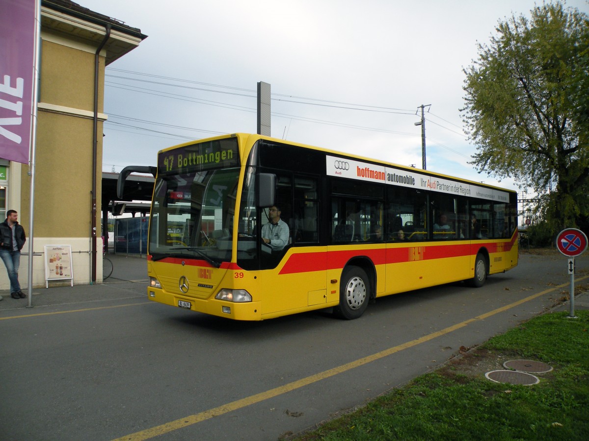 Mercedes Citaro mit der Betriebsnummer 39 auf der Linie 47 am Bahnhof in Muttenz. Die Aufnahme stammt vom 18.10.2013.
