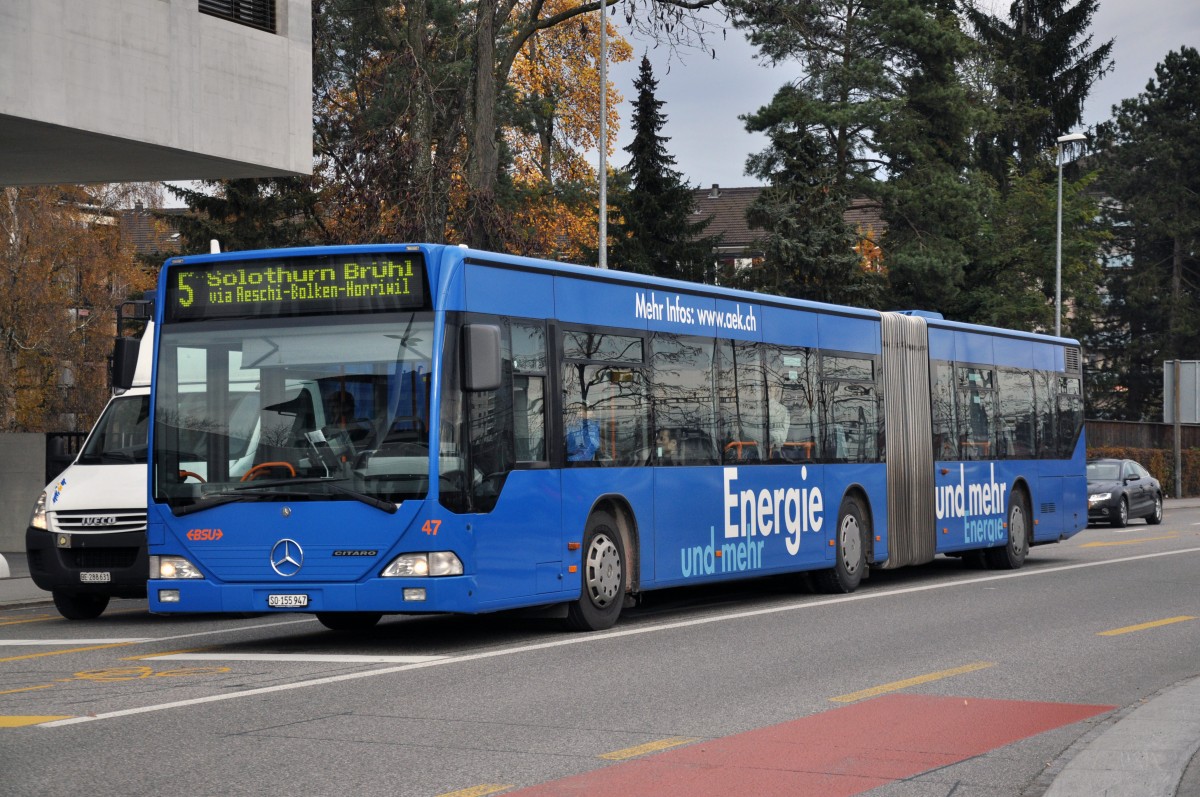 Mercedes Citaro mit der Betriebsnummer 47 und der Vollwerbung Energie und mehr auf der Linie 5 beim Bahnhof Soloturn. Die Aufnahme stammt vom 08.11.2012.