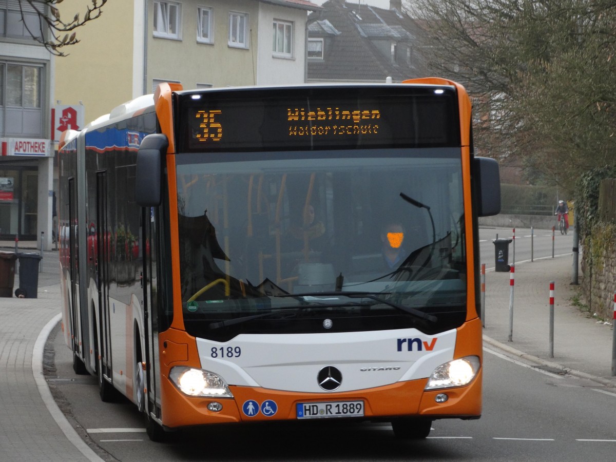 Nagelneuer RNV Mercedes Benz Citaro C2 G (Euro6) 8189 am 24.03.15 in Neckargemünd auf der Linie 35 wo eigentlich durch das SRH BBW Neckargemünd nur mit Rollstuhl Hebebühnen Busse Fahren. Diese neuen haben noch keine deswegen war ich sehr überrrascht diesen Bus auf der 35 zu sehen.