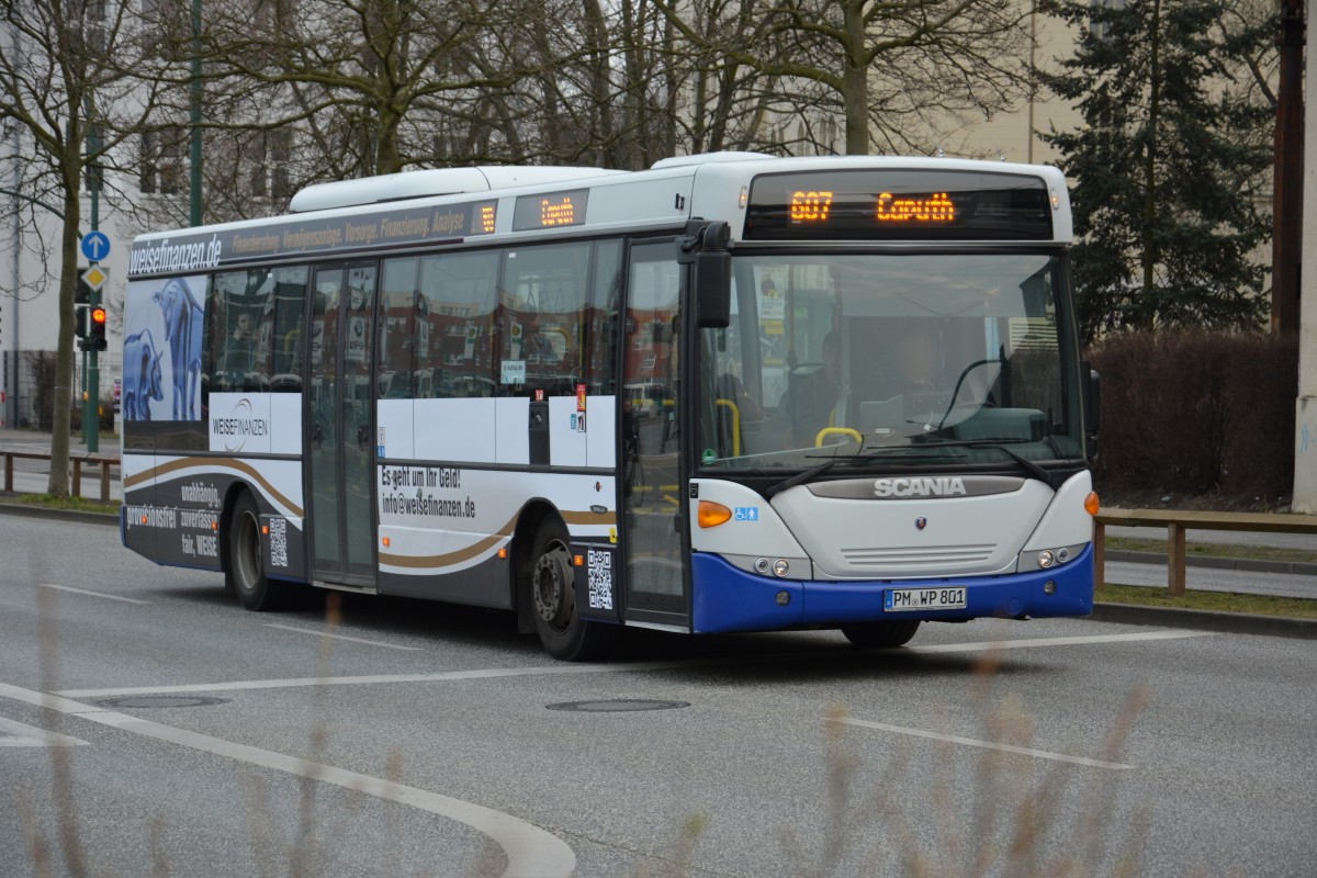 PM-WP 801 fährt am 13.03.2015 auf der Linie 607 nach Caputh. Aufgenommen wurde ein Scania OmniLink, Potsdam Hauptbahnhof.
