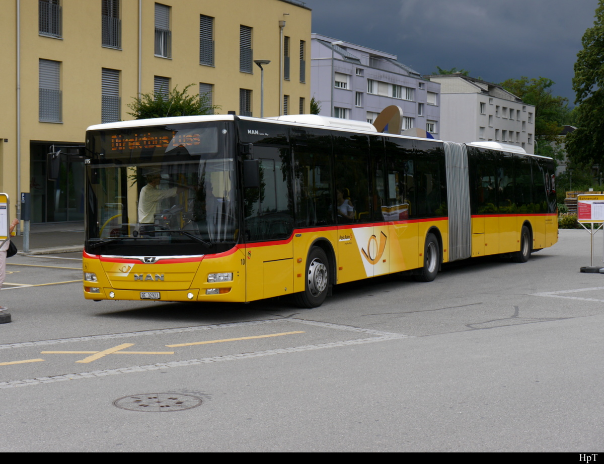 Postauto - MAN Lion`s City BE 32923 unterwegs als Bahnersatz für die SBB + BLS auf der Linie Lyss nach Münchenbuchsee Hier bei der Provisorischen Haltestelle in Lyss am 21.07.2018 