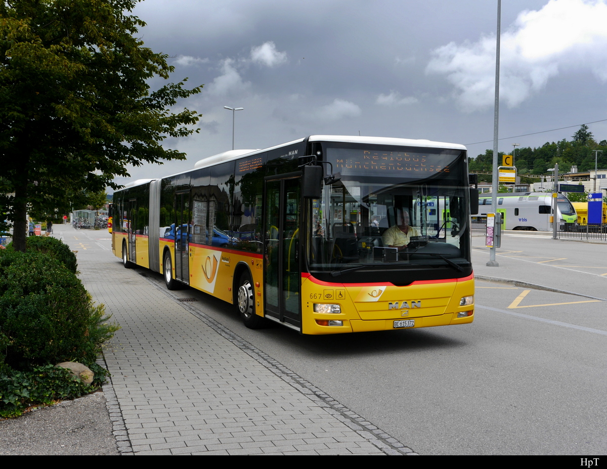Postauto - MAN Lion`s City BE 615372 unterwegs als Bahnersatz für die SBB + BLS auf der Linie Lyss nach Münchenbuchsee Hier bei der Provisorischen Haltestelle in Lyss am 21.07.2018 