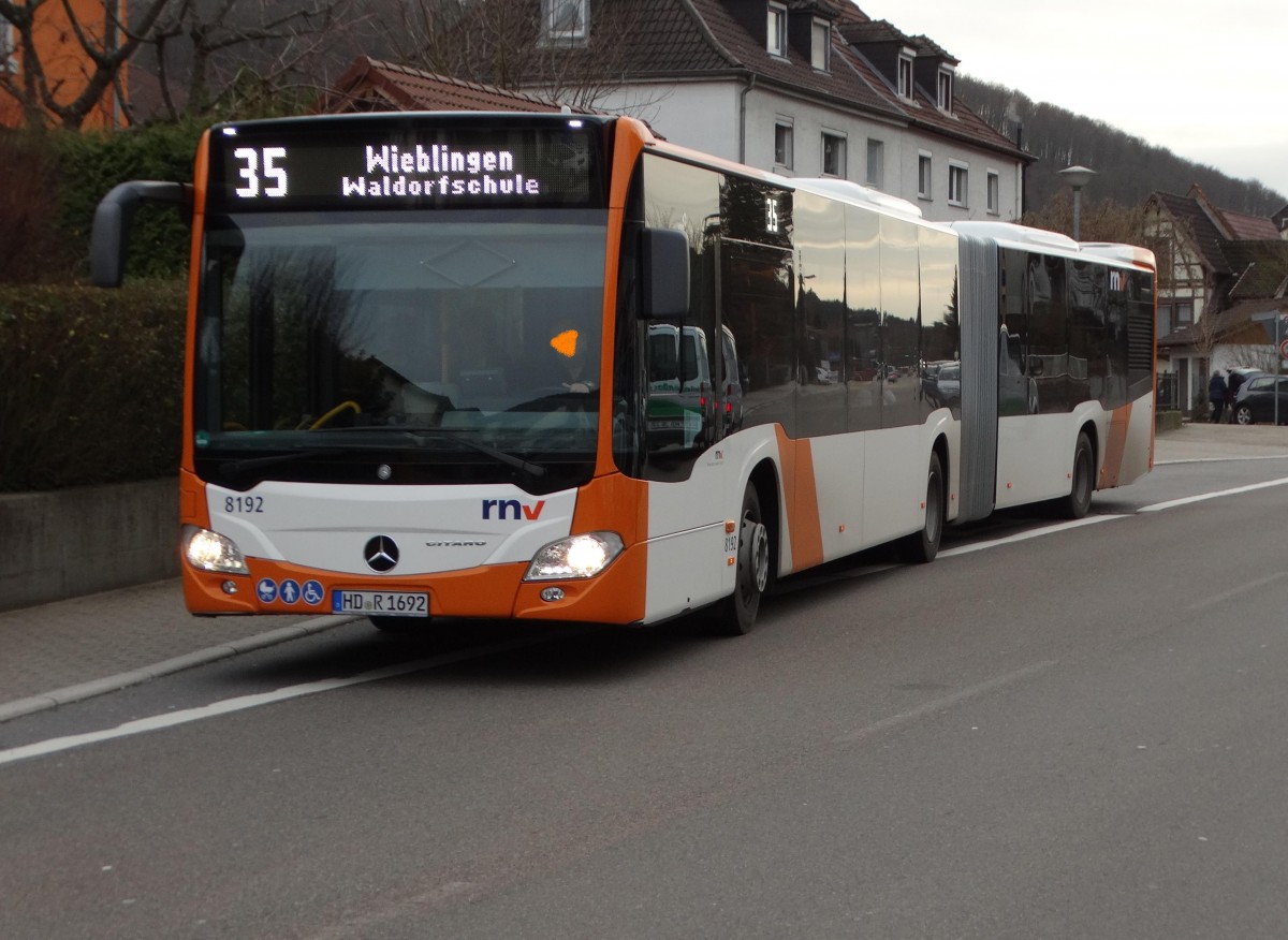RNV Mercedes Benz Citaro 2 G 8192 am 14.01.16 in Neckargemünd. Die Wagen 8192 und 8193 sind die ersten Gelenkbusse in Heidelberg mit weißen Matrizen 