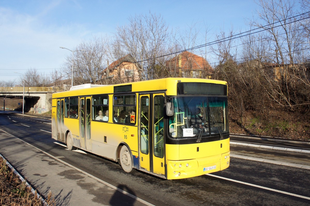 Serbien / Stadtbus Belgrad / City Bus Beograd: Ikarbus IK-103 - Wagen 95 der GSP Belgrad, aufgenommen im Januar 2016 in der Nähe der Haltestelle  Voždovac  in Belgrad.