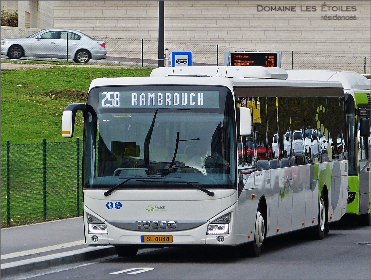 SL 4044, Iveco Crossway von Sales Lentz, aufgenommen an einer Bushaltestelle in Stadt Luxemburg. 23.10.2019