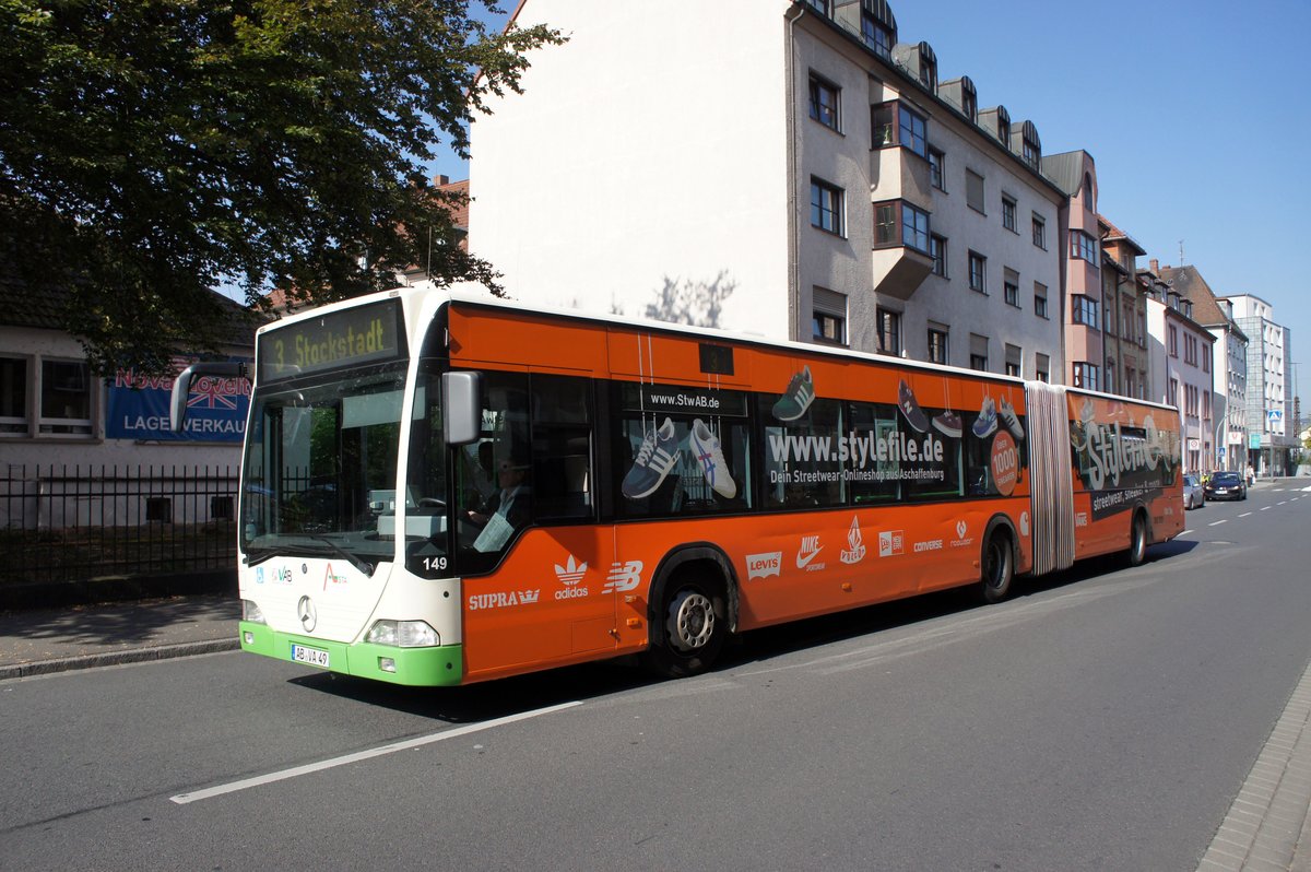 Stadtbus Aschaffenburg / Verkehrsgemeinschaft am Bayerischen Untermain (VAB): Mercedes-Benz Citaro G der Stadtwerke Aschaffenburg Verkehrs-GmbH (STWAB), aufgenommen im September 2016 in der Nähe vom Hauptbahnhof in Aschaffenburg.