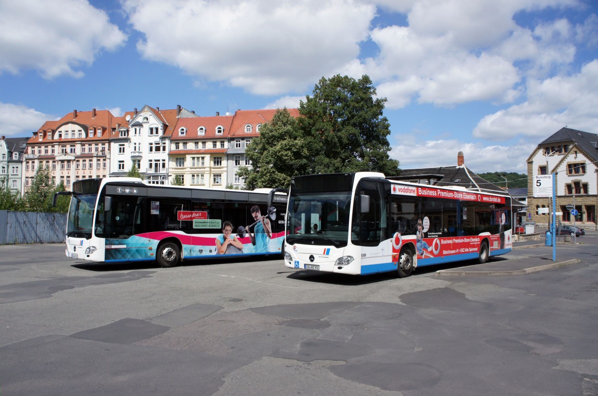 Stadtbus Eisenach: Mercedes-Benz Citaro C2 - Stadtbusse der KVG Eisenach. Aufgenommen am Stadtbusbahnhof von Eisenach im Juli 2015. 
