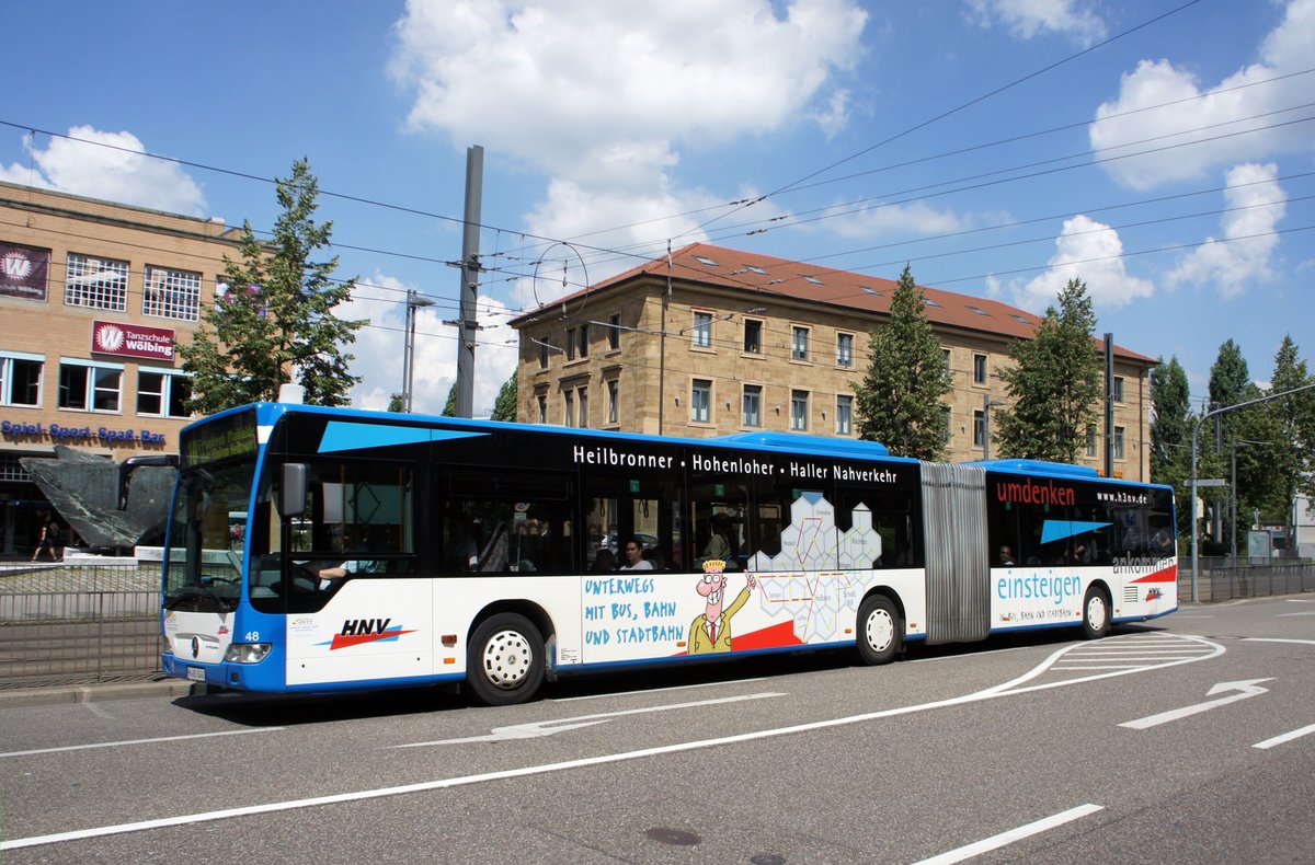 Stadtbus Heilbronn / Heilbronner Hohenloher Haller Nahverkehr GmbH (HNV): Mercedes-Benz Citaro Facelift G der SWH (Stadtwerke Heilbronn GmbH) - Wagen 48, aufgenommen im Juli 2016 im Stadtgebiet von Heilbronn.
