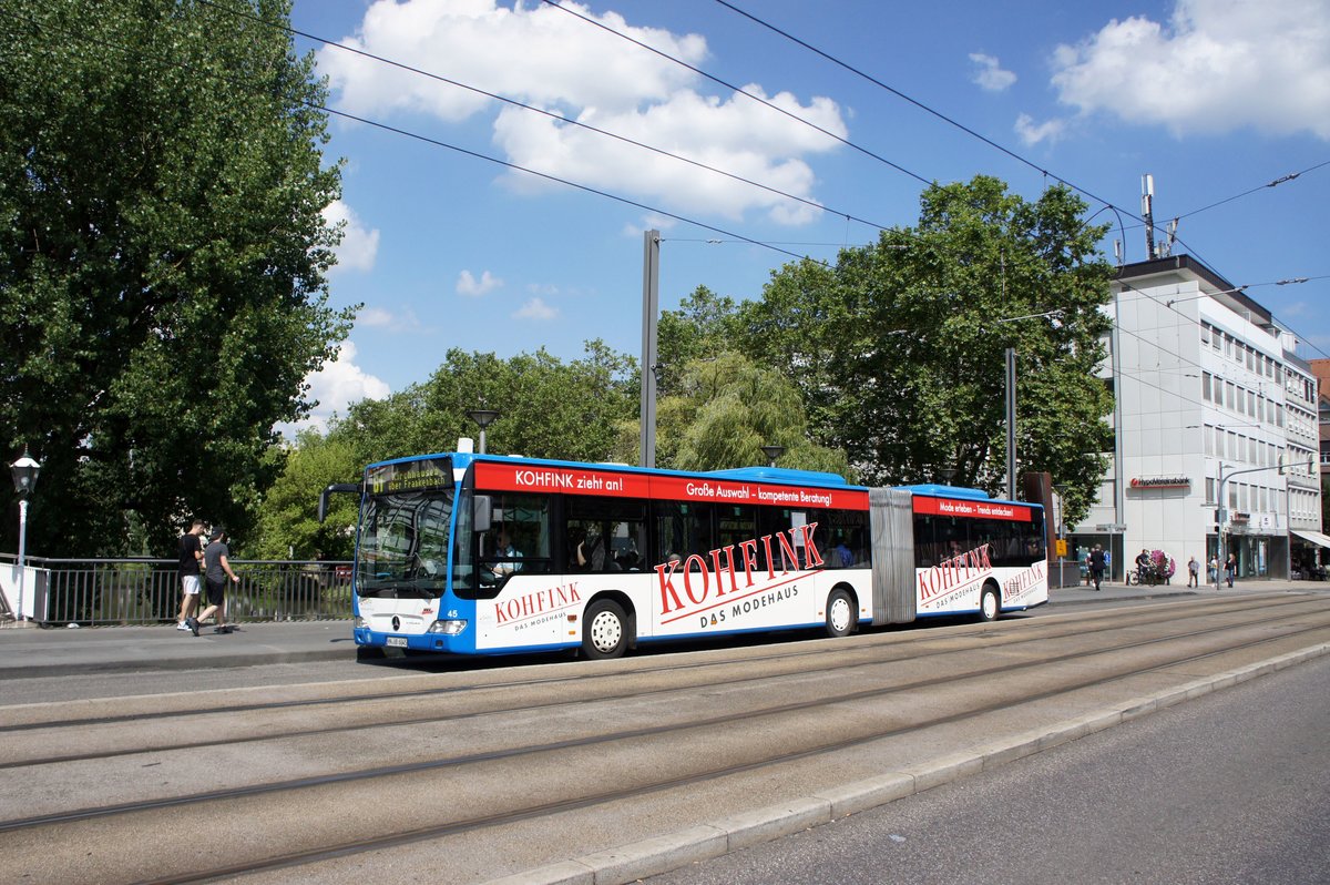 Stadtbus Heilbronn / Heilbronner Hohenloher Haller Nahverkehr GmbH (HNV): Mercedes-Benz Citaro Facelift G der SWH (Stadtwerke Heilbronn GmbH) - Wagen 45, aufgenommen im Juli 2016 im Stadtgebiet von Heilbronn.