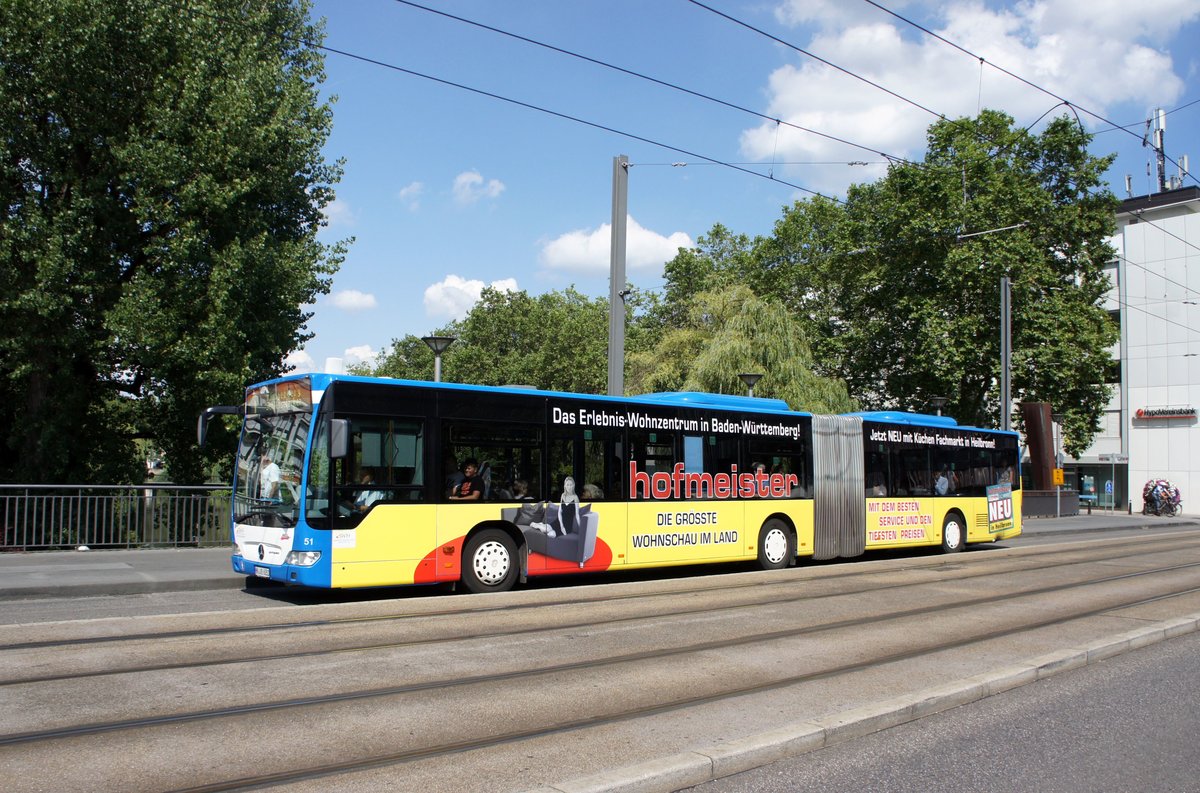 Stadtbus Heilbronn / Heilbronner Hohenloher Haller Nahverkehr GmbH (HNV): Mercedes-Benz Citaro Facelift G der SWH (Stadtwerke Heilbronn GmbH) - Wagen 51, aufgenommen im Juli 2016 im Stadtgebiet von Heilbronn.