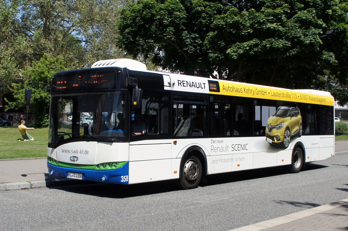 Stadtbus Kaiserslautern: Solaris Urbino 12 der SWK - Stadtwerke Kaiserslautern GmbH, aufgenommen im Juni 2019 am Hauptbahnhof in Kaiserslautern.
