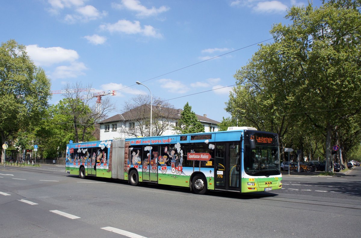 Stadtbus Mainz: MAN Lion's City G der MVG Mainz / Mainzer Verkehrsgesellschaft, aufgenommen im Mai 2017 an der Haltestelle  Goethestraße  in Mainz.