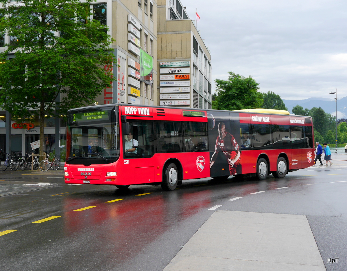 STI - MAN Lion`s City Nr.149  BE 800149 mit Werbung für den FC Thun unterwegs auf der Linie 2 in Thun am 21.06.2015