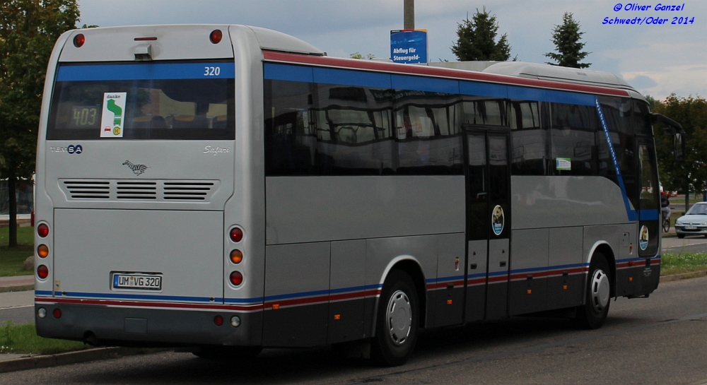 Temsa Safari, Wagennummer 320, der Uckermärkischen Verkehrsgesellschaft mbH, 2014 in Schwedt/Oder.