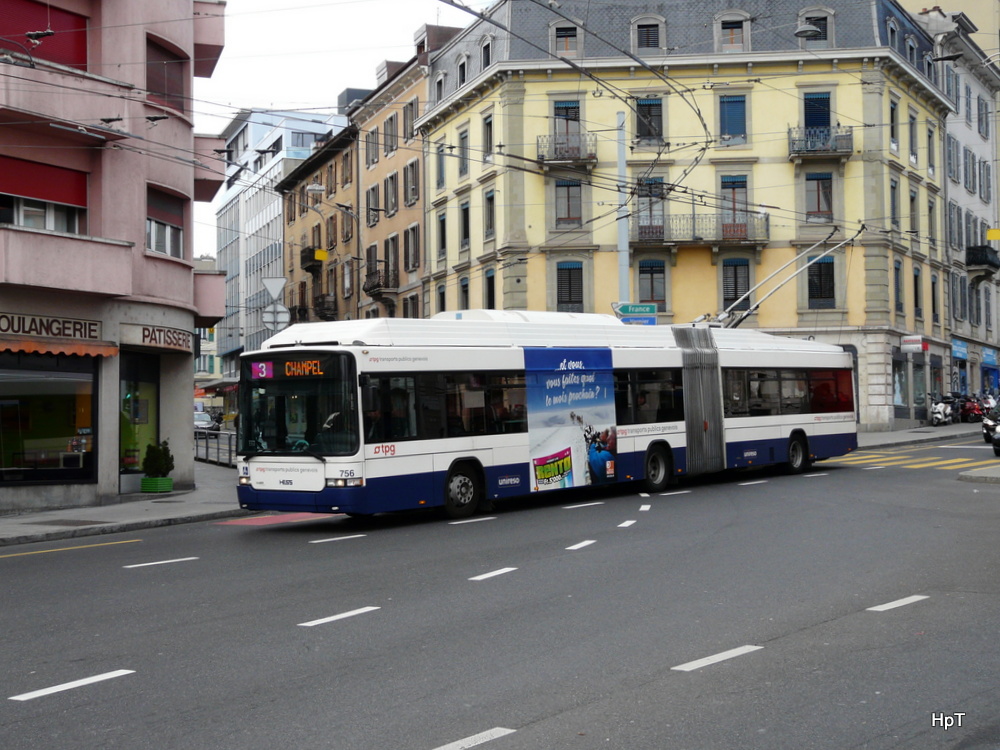 TPG - Hess-Trolleybus  Nr.756 unterwegs auf der Linie 3 in der Stadt Genf am 11.01.2014