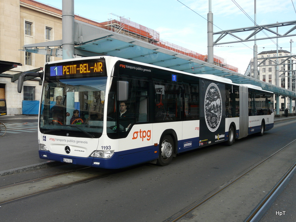 TPG - Mercedes Citaro  Nr.1193 GE  961267 unterwegs auf der Linie 1 in der Stadt Genf am 11.01.2014