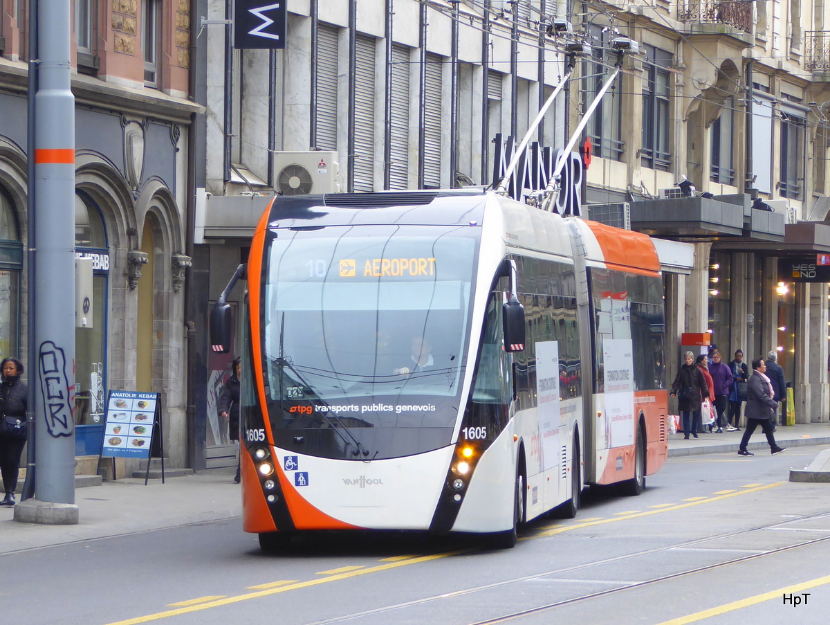 TPG - Trolleybus Nr.1605 unterwegs auf der Linie 10 in der Stadt Genf am 09.04.2016
