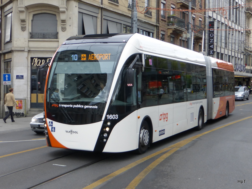 TPG - Trolleybus VanHool NEW AG 300 TRL-T Nr.1603 unterwegs auf der Linie 10 in der Stadt Genf am 09.05.2014