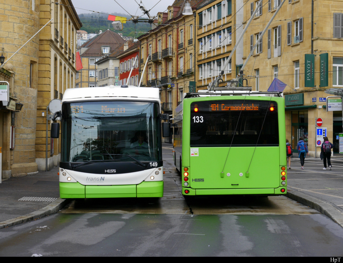 TransN Neuchatel - Trolleybus Nr.149 und 133 unterwegs auf der Linie 101 in der Stadt Neuchatel am 21.09.2020