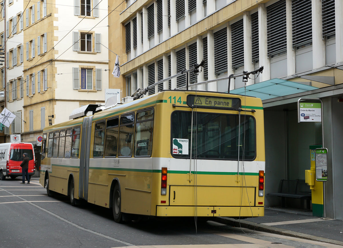 transN - Transports publics neuchâtelois
NAW Trolleybus Nummer 114 EN PANNE.
Diese Zufallsserie entstand am 14. November 2017 in der Stadt Neuchâtel.
Foto: Walter Ruetsch
