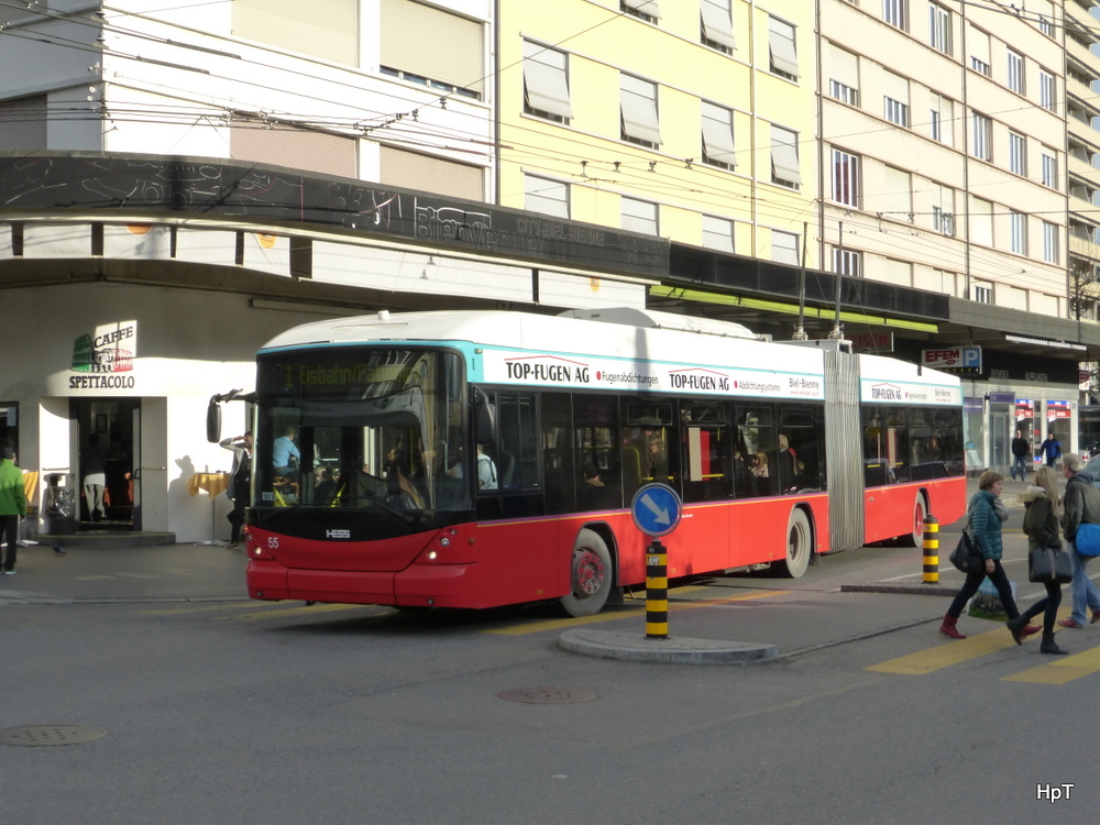 VB Biel - Hess-Swisstrolley BGT-N2C  Nr.55 unterwegs auf der Linie 1 in der Stadt Biel am 21.12.2014