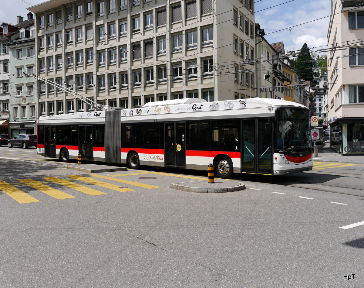 VBSG - Trolleybus Nr.174 unterwegs auf der Linie 1 in der Stadt St. Gallen am 15.05.2016