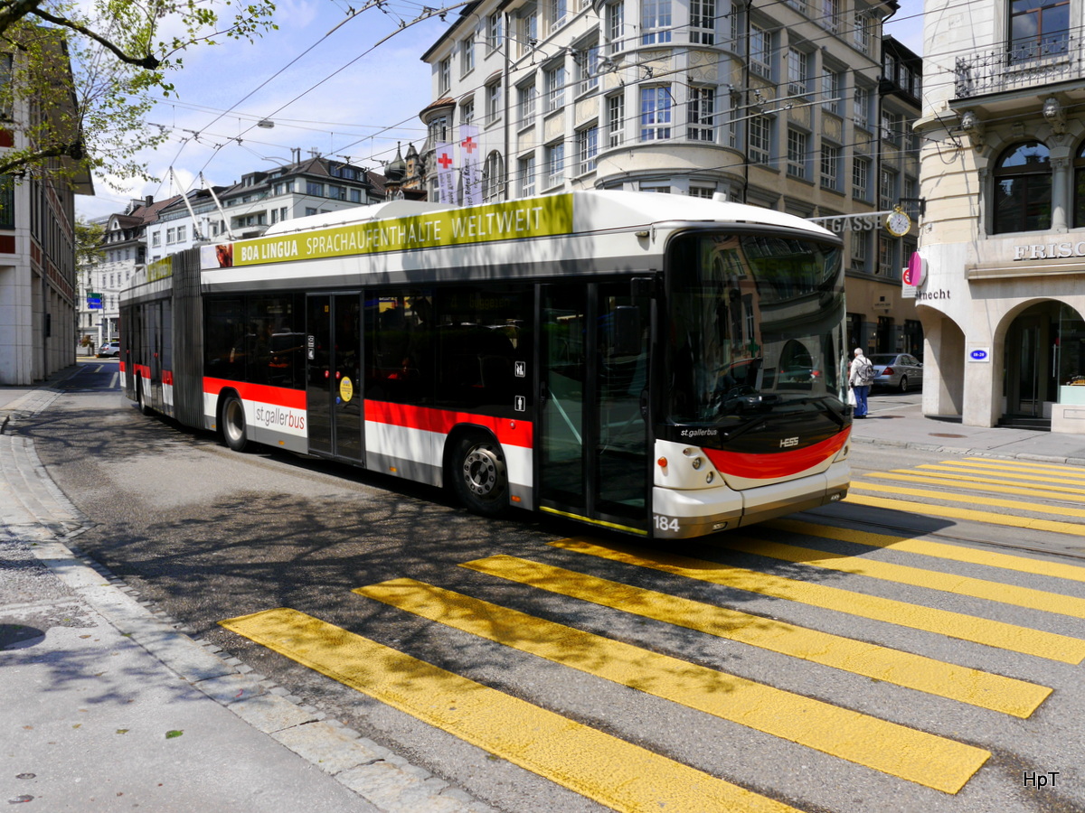 VBSG - Trolleybus Nr.184 unterwegs auf der Linie 3 in der Stadt St. Gallen am 14.05.2016