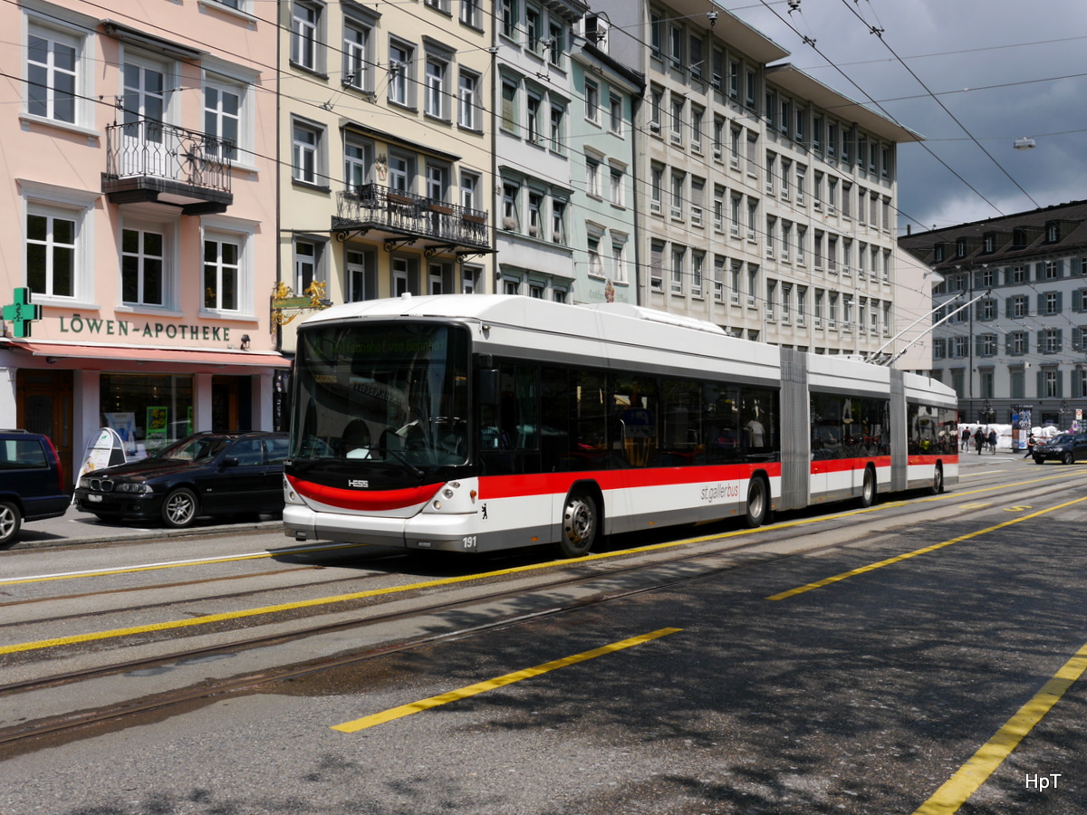 VBSG - Trolleybus Nr.191 unterwegs auf der Linie 1 in der Stadt St. Gallen am 14.05.2016