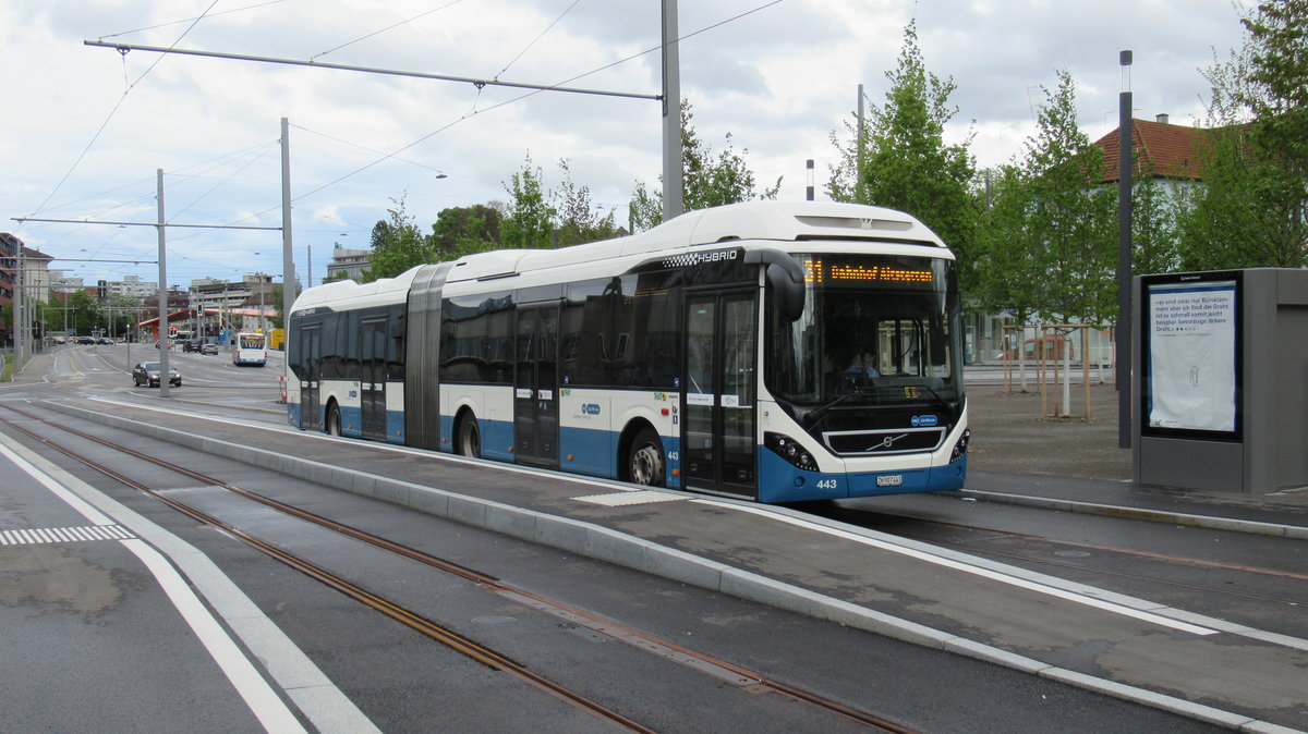 VBZ Nr. 443, Volvo 7900 LAH Hybrid-Gelenkbus (2017) am 11.5.2019 in Schlieren Geissweid, in der zukünftigen Kehrschleife für die Tram-Linie 2.