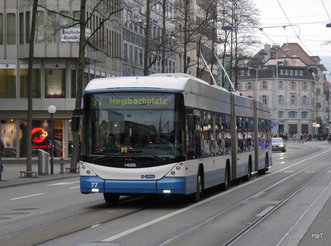 VBZ - Trolleybus Nr.77 unterwegs auf der Linie 31 in der Stadt Zürich am 24.01.2015