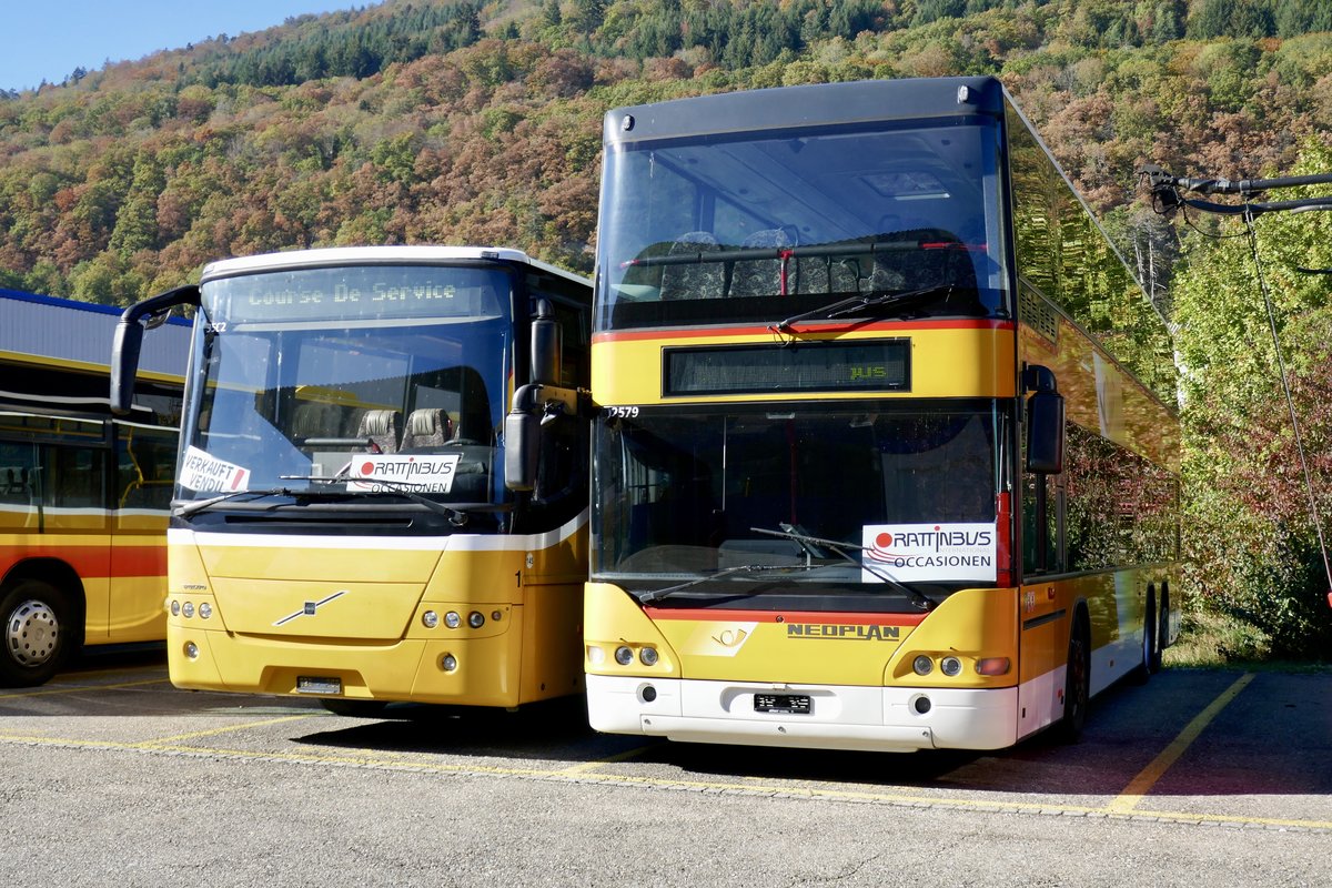 Volvo 8700 und Neoplan Doppeldecker ex PostAuto Unterwallis und Ostschweiz am 13.10.18 bei Rattin Bus in Biel.