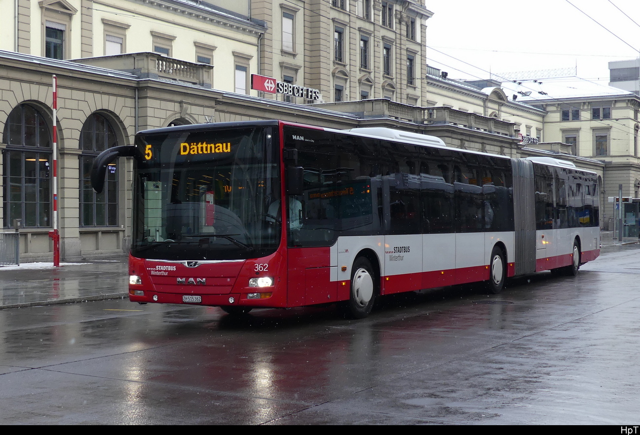 Stadtbus Winterthur - MAN Lion`s City Nr.362  ZH 515362 unterwegs bei leichtem Schneefall in Winterthur am 2023.01.22