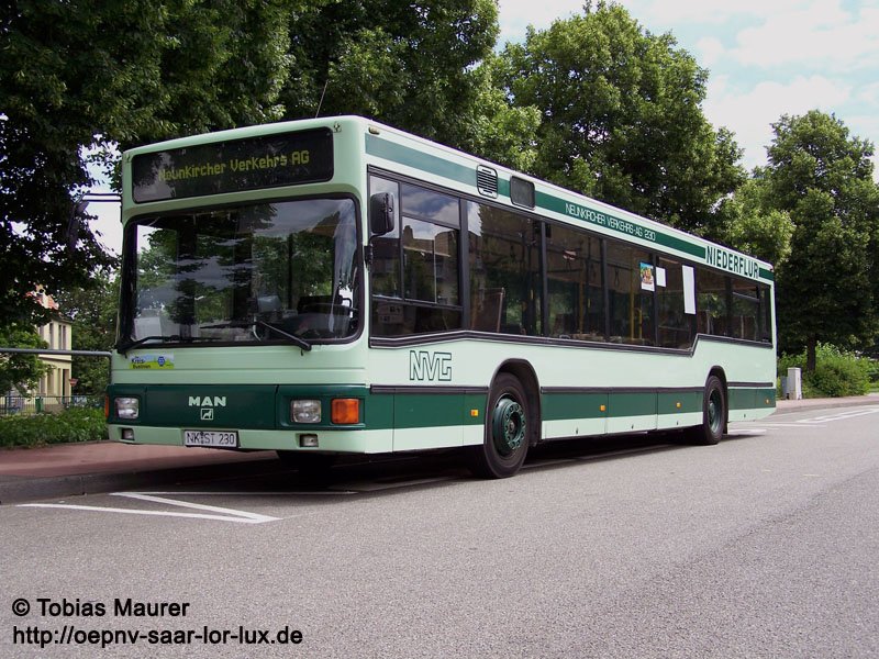 19.06.08: NVG Wagen 230, ein MAN NL 202. Ihm wird es wohl bei der nchsten Neuwagenlieferung an den Kragen gehen. Dieses Foto entstand ebenfalls am Abstellplatz Lindenalle in Neunkirchen.