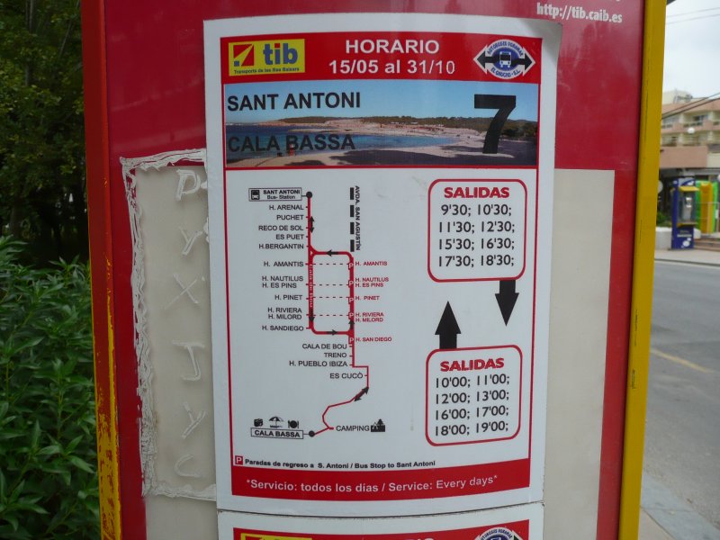 27.09.09,Fahrplan der Buslinie 7 in Sant Antoni de Portmany auf Ibiza.