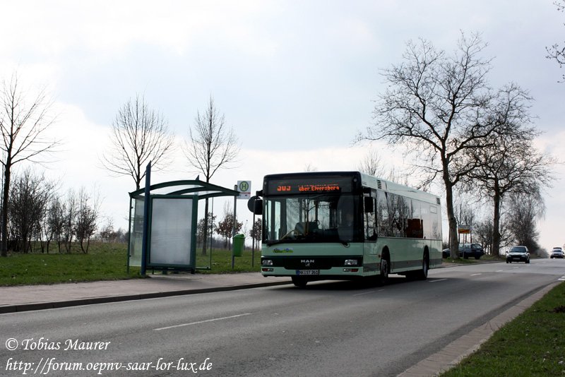30.03.09: An der Haltestelle  Sinnertaler Weg  konnte ich den NVG-Wagen 263 ablichten. Der NL 263 war auf der Linie 309 unterwegs und kam gerade aus Friedrichsthal.