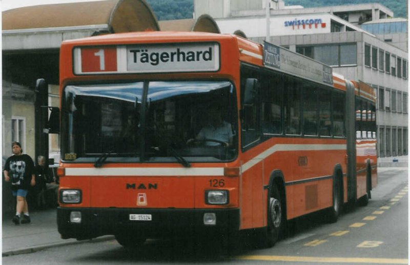 Aus dem Archiv: RVBW Wettingen 126/AG 15'124 MAN/R&J am 15. Juli 1998 Baden, Bahnhof