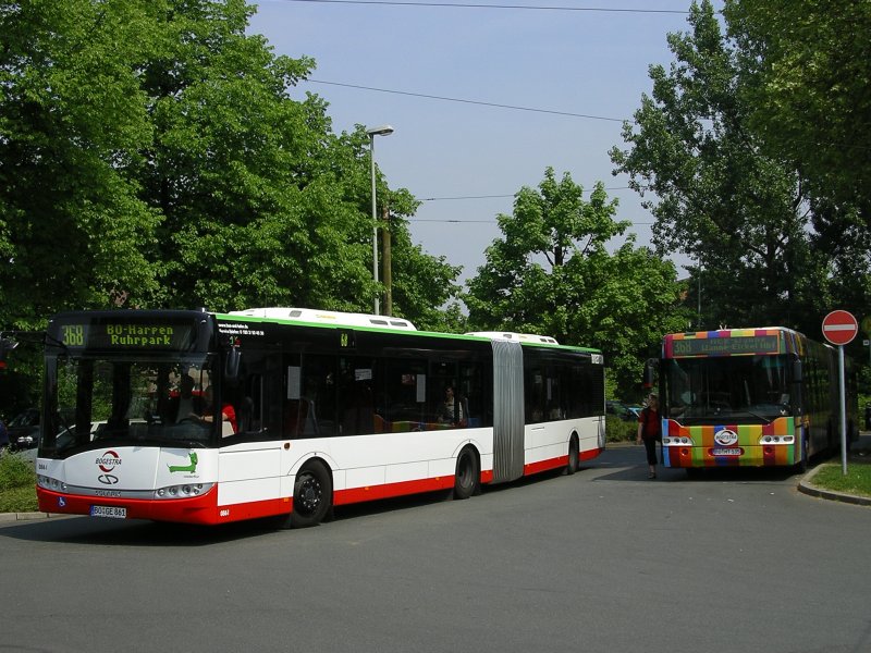Bogestra Solaris Urbino 18,Linie 369 von Wanne Eickel Hbf. nach Bochum Ruhrpark,rechts Bogestra Neoplan Gelenkbus ,
in Pausenstellung.(15.05.2008)