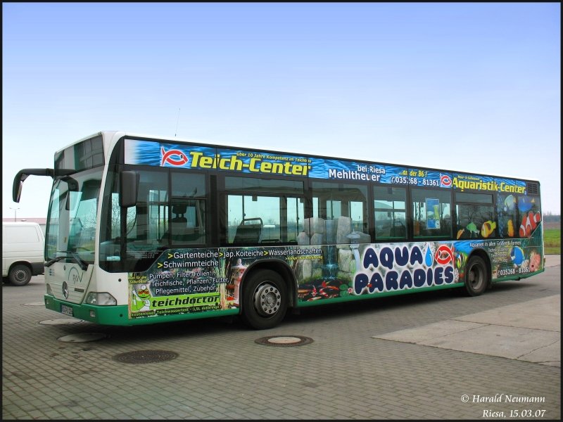 Bus 126 der Riesaer PNV ist einer der gelungensten Werbetrger dieses Unternehmens. Kein Wunder bei diesem schnen Motiv, Riesa, 15.03.07