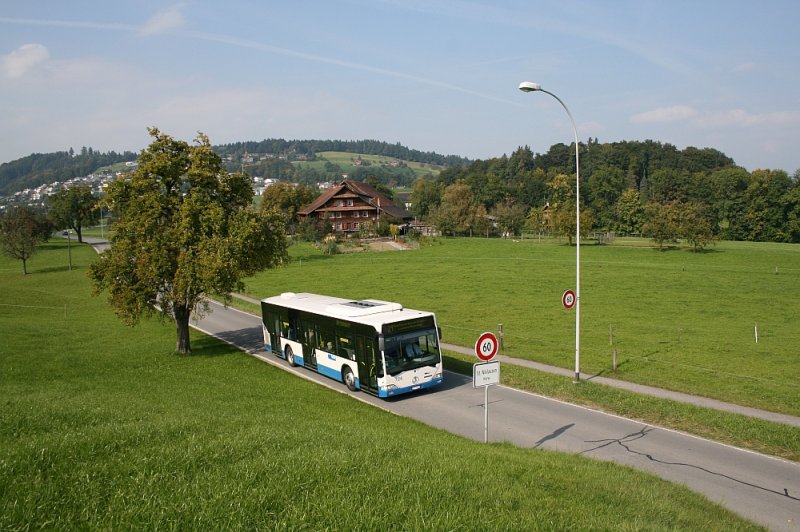 Der Mercedes-Benz O530 Nr. 724 am 29.9.08 zwischen Buholz und Kreuzmatt an der Grenze zwischen St. Niklausen und Kastanienbaum (beide zur Gemeinde Horw gehrend).