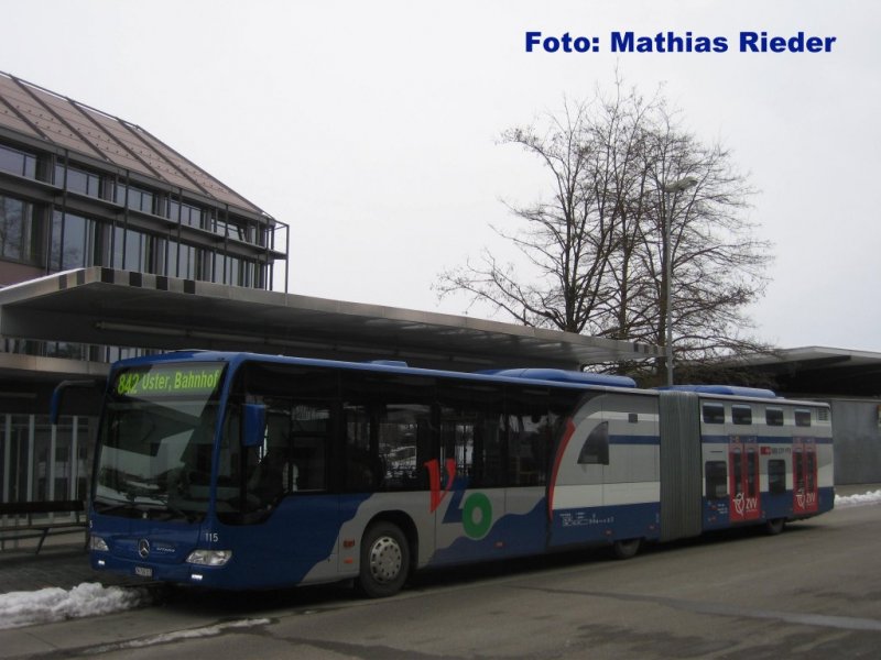 MB Citaro der VZO 115 in Esslingen, mit der S- Bahn auf dem Heck, am 20.02.2009 