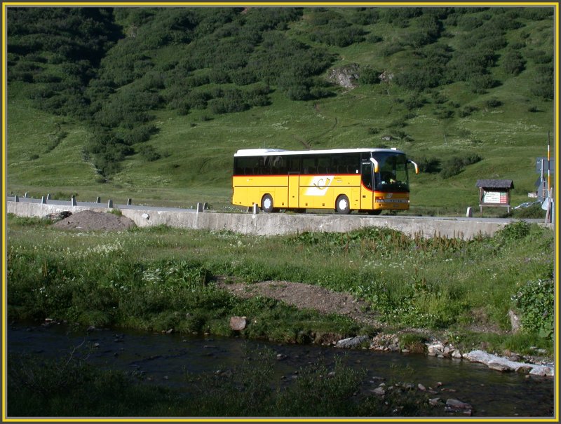 Der gelbe Setrabus macht sich gut in der gr�nen Landschaft.