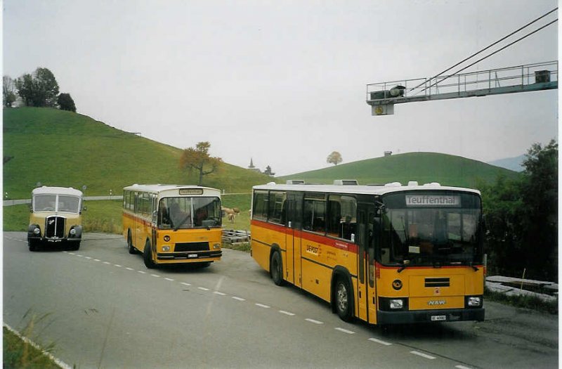 Postautotreffen im Teuffenthal: Burri, Teuffenthal Saurer/R&J und FBW/R&J und NAW/R&J am 31. Oktober 2004 in Buchen