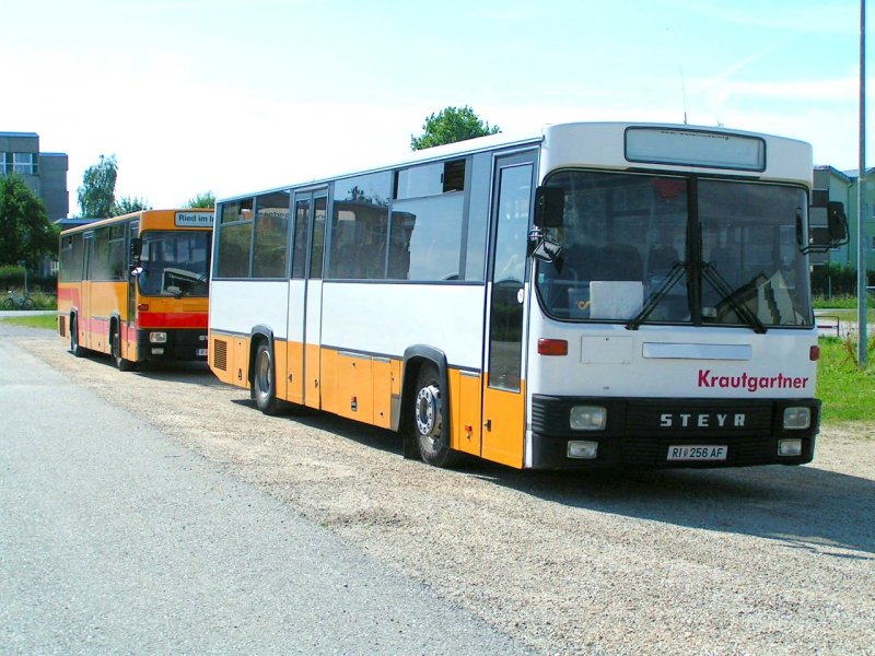 STEYR eines privaten Busunternehmens, sind im Postbusverkehr eingesetzt, der Erste hat eine provisorische handgeschriebene Zielanzeige (Andorf) hinter der Windschutzscheibe; 080710 