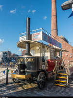 Thornycroft Steam Bus, ursprünglich für die London Road Car Co auf der Linie Hammersmith - Oxford Circus im Einsatz, steht heute als Ice Cream Van am Albert Dock in Liverpool.